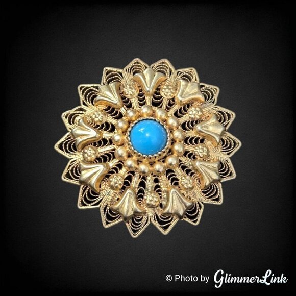 Vintage Sterling Silver Gilt Filigree Round Teal Cabochon Brooch Pin - Picture 1 of 7